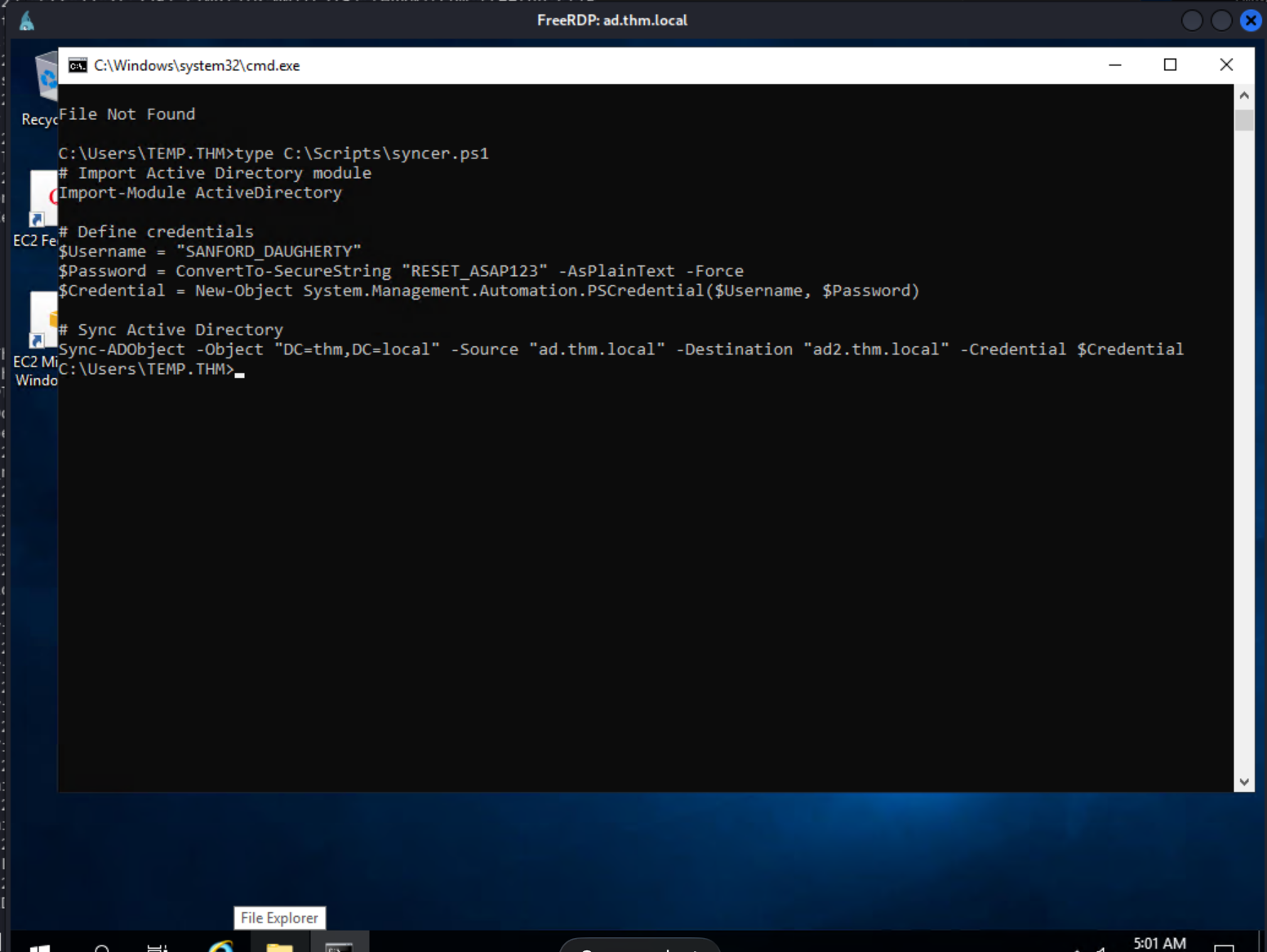 syncer.ps1 containing SANFORD_DAUGHERTY credentials in plaintext